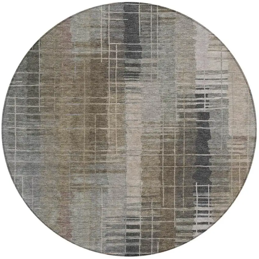 8' Brown And Gray Round Striped Washable Indoor Outdoor Area Rug Photo 4