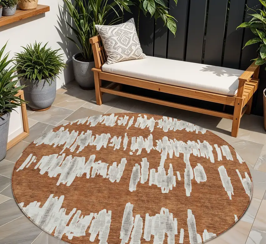 8' Brown And Gray Round Striped Washable Indoor Outdoor Area Rug Photo 1