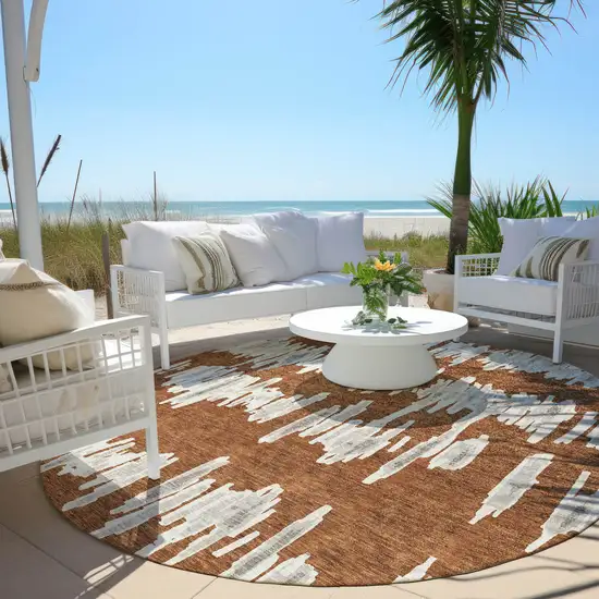 8' Brown And Gray Round Striped Washable Indoor Outdoor Area Rug Photo 7