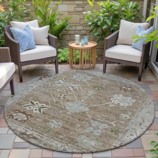 8' Brown And Gray Round Tribal Washable Indoor Outdoor Area Rug Photo 7
