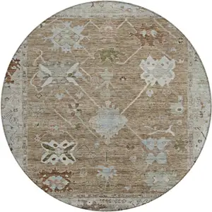 Photo of 8' Brown And Gray Round Tribal Washable Indoor Outdoor Area Rug