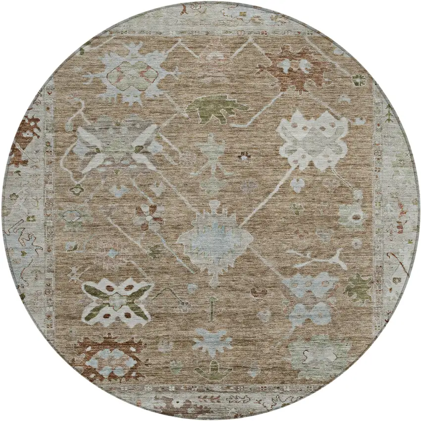 8' Brown And Gray Round Tribal Washable Indoor Outdoor Area Rug Photo 1