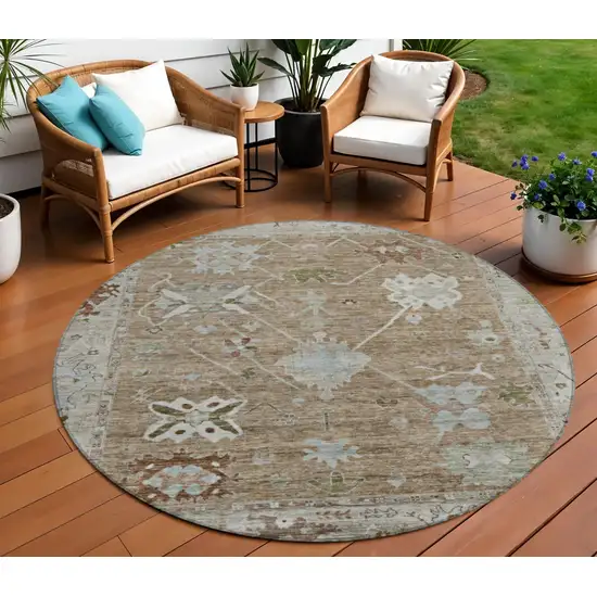 8' Brown And Gray Round Tribal Washable Indoor Outdoor Area Rug Photo 2