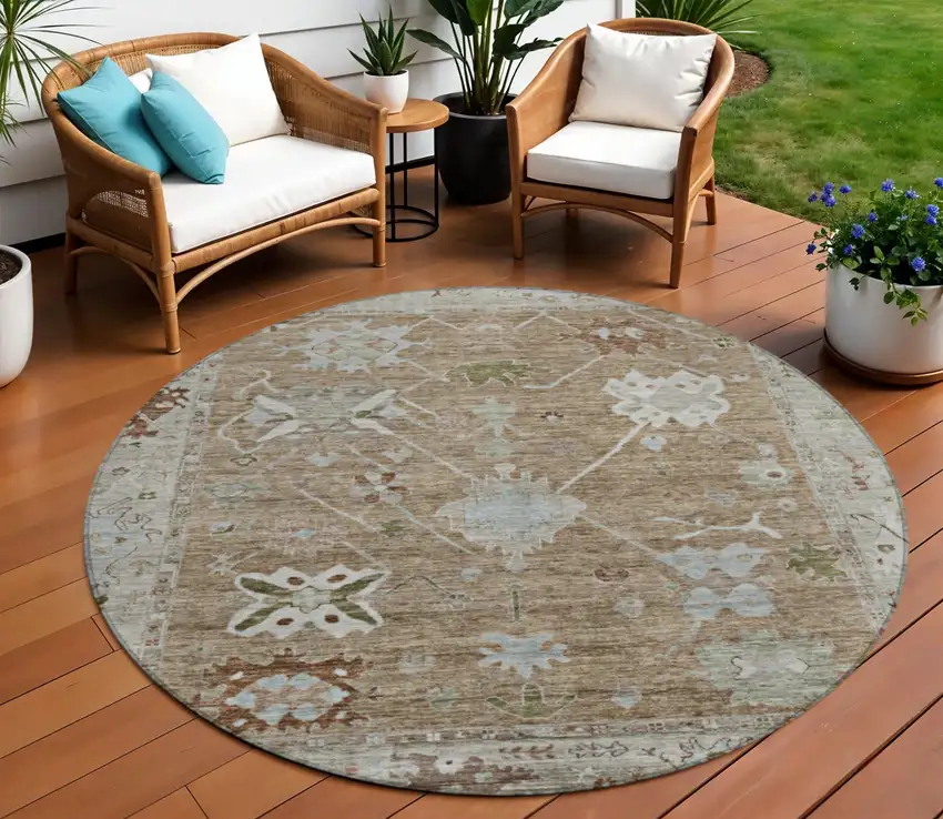 8' Brown And Gray Round Tribal Washable Indoor Outdoor Area Rug Photo 2