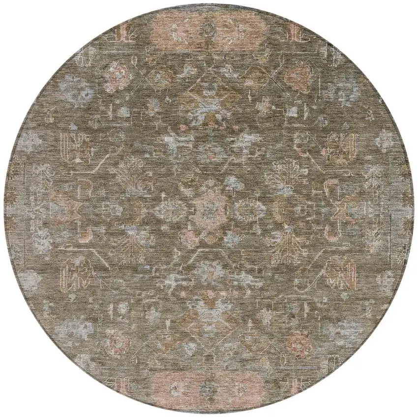 8' Brown And Gray Round Tribal Washable Indoor Outdoor Area Rug Photo 4