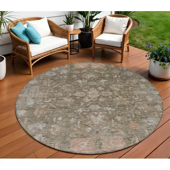 8' Brown And Gray Round Tribal Washable Indoor Outdoor Area Rug Photo 1