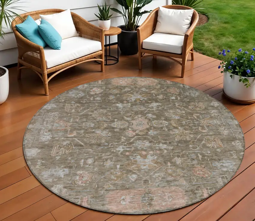 8' Brown And Gray Round Tribal Washable Indoor Outdoor Area Rug Photo 1