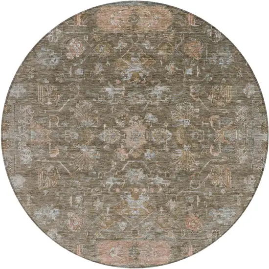 8' Brown And Gray Round Tribal Washable Indoor Outdoor Area Rug Photo 2