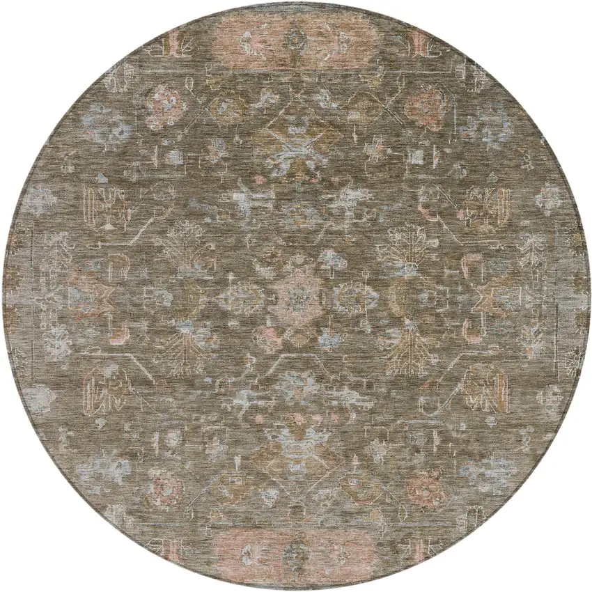 8' Brown And Gray Round Tribal Washable Indoor Outdoor Area Rug Photo 2