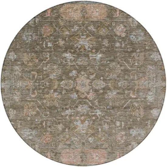 8' Brown And Gray Round Tribal Washable Indoor Outdoor Area Rug Photo 5