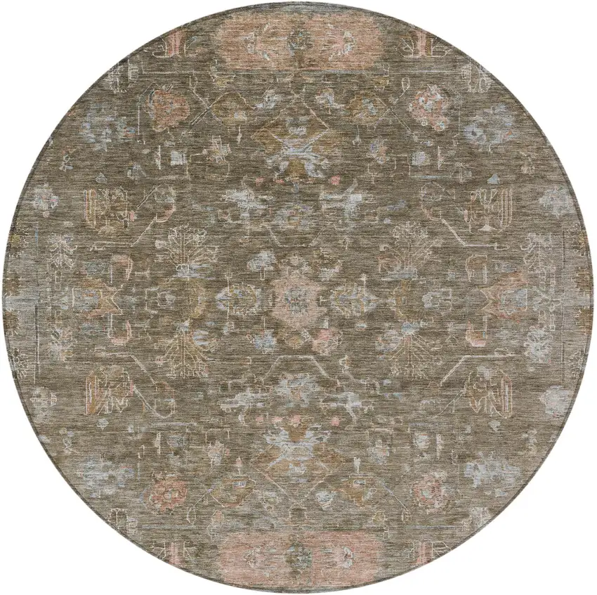 8' Brown And Gray Round Tribal Washable Indoor Outdoor Area Rug Photo 5