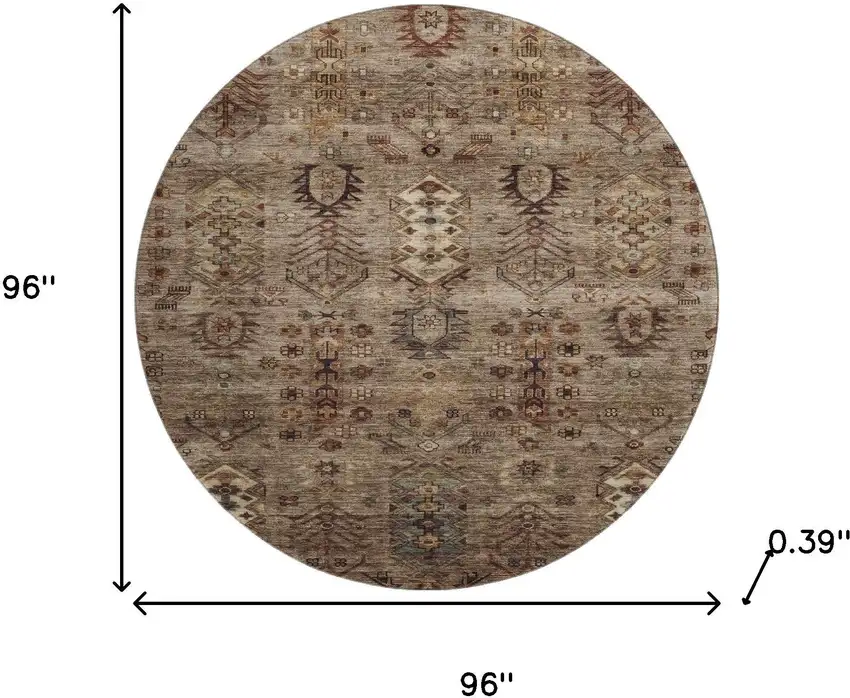 8' Brown And Gray Southwestern Washable Round Rug With UV Protection Photo 8