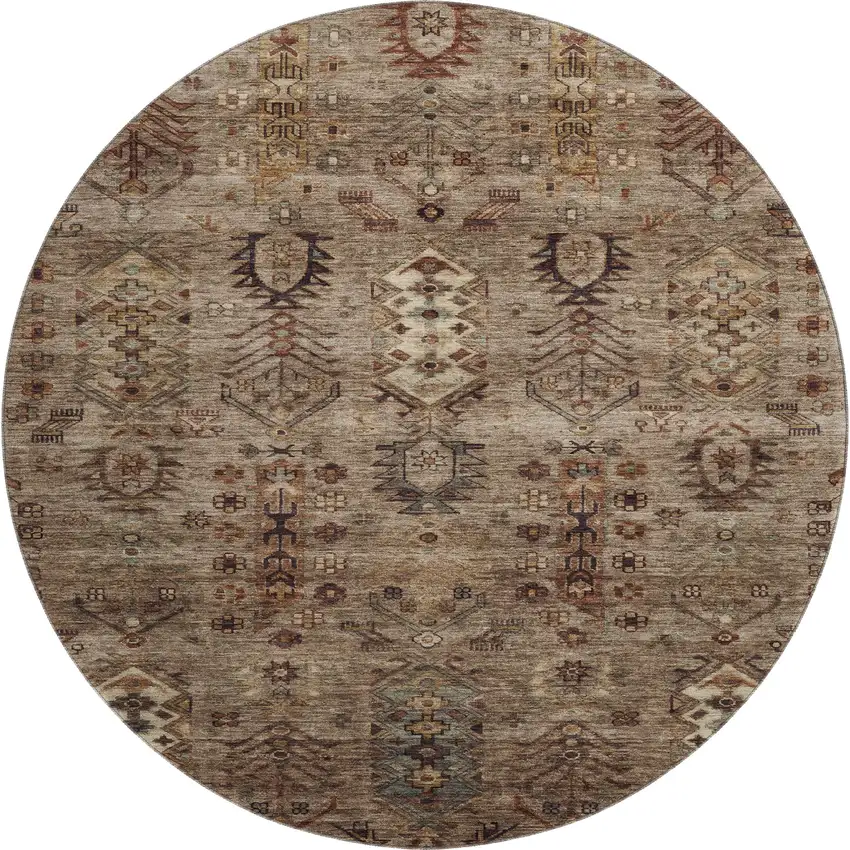 8' Brown And Gray Southwestern Washable Round Rug With UV Protection Photo 1