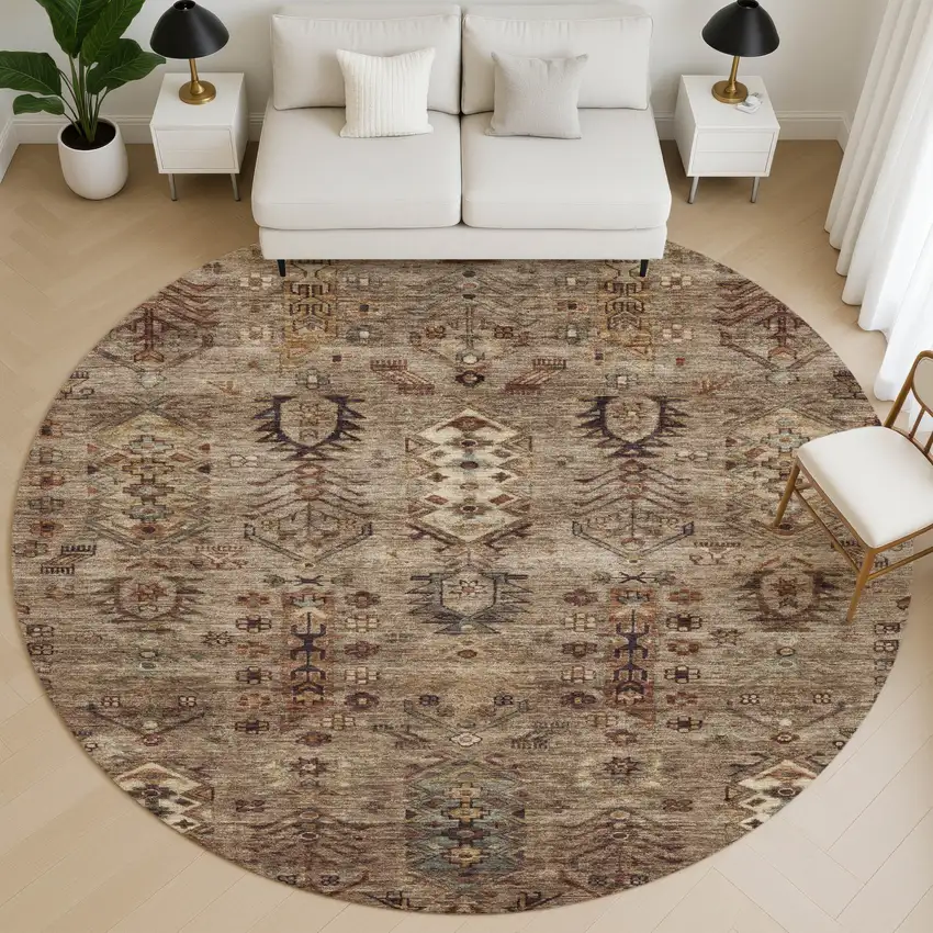 8' Brown And Gray Southwestern Washable Round Rug With UV Protection Photo 5
