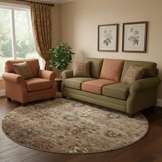 8' Brown And Gray Southwestern Washable Round Rug With UV Protection Photo 2