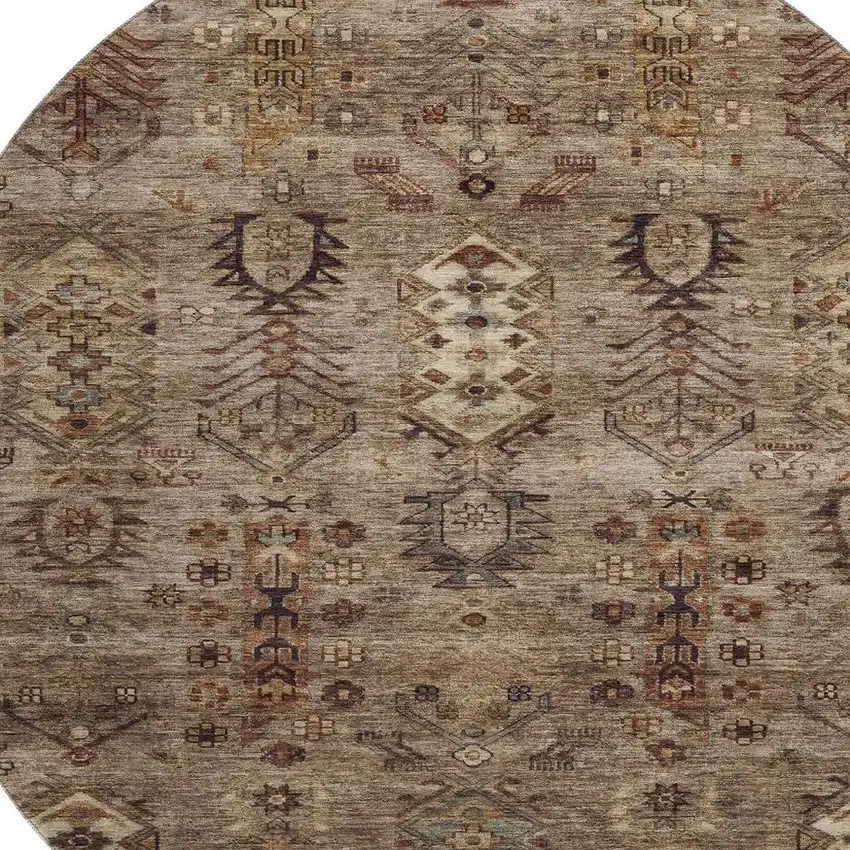 8' Brown And Gray Southwestern Washable Round Rug With UV Protection Photo 3