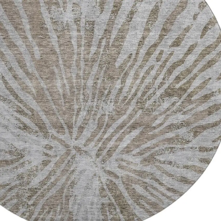 8' Brown And Gray Zebra Print Washable Round Rug With UV Protection Photo 3