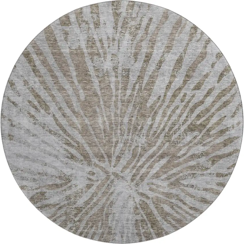 8' Brown And Gray Zebra Print Washable Round Rug With UV Protection Photo 1