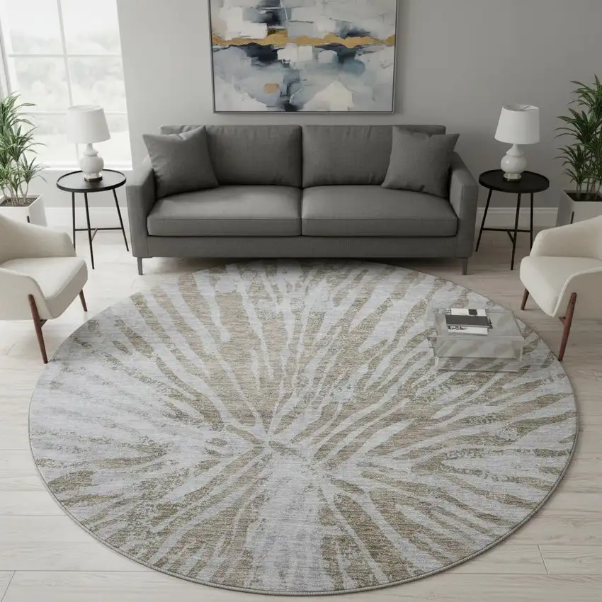 8' Brown And Gray Zebra Print Washable Round Rug With UV Protection Photo 2