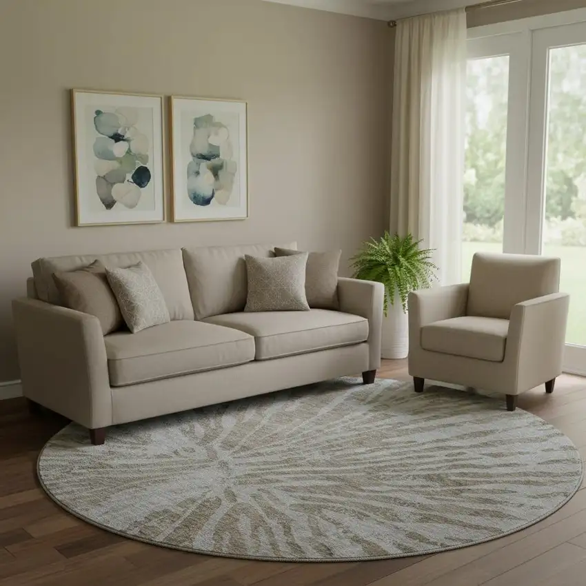 8' Brown And Gray Zebra Print Washable Round Rug With UV Protection Photo 1