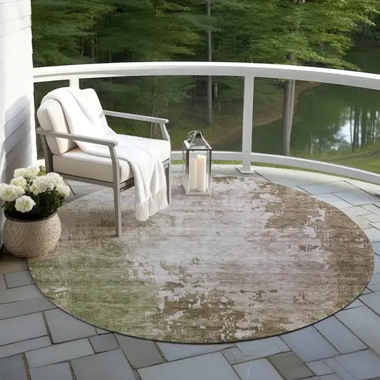 8' Brown And Green Round Abstract Washable Indoor Outdoor Area Rug Photo 6