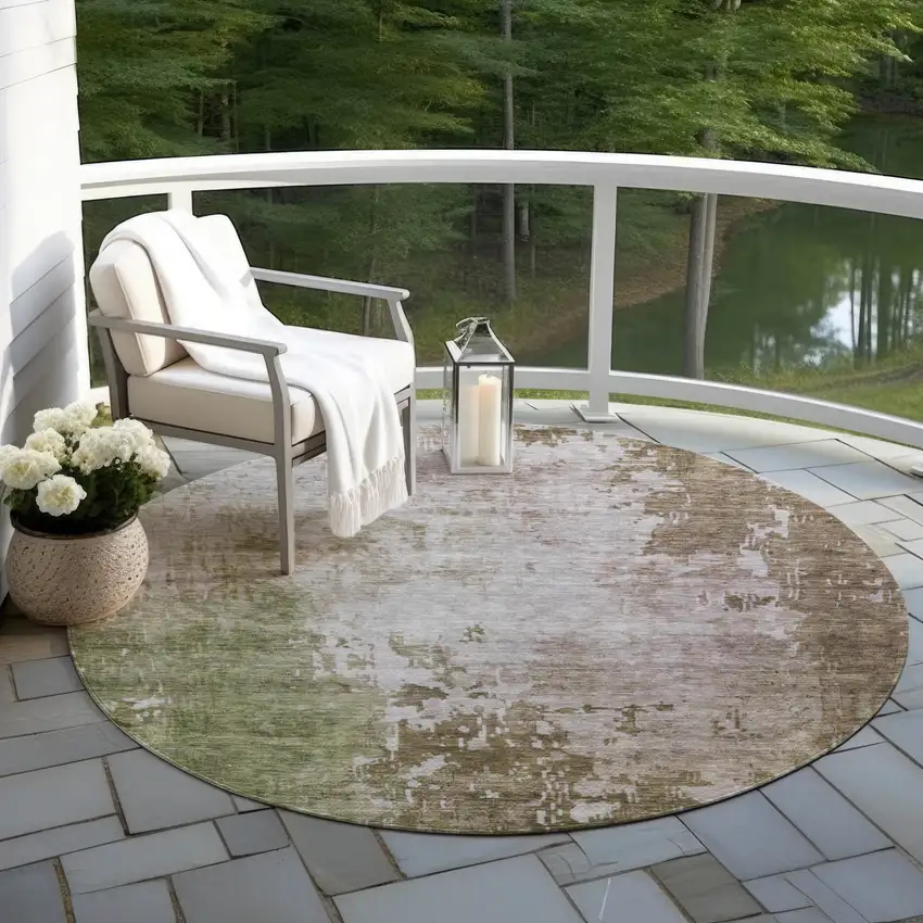 8' Brown And Green Round Abstract Washable Indoor Outdoor Area Rug Photo 6