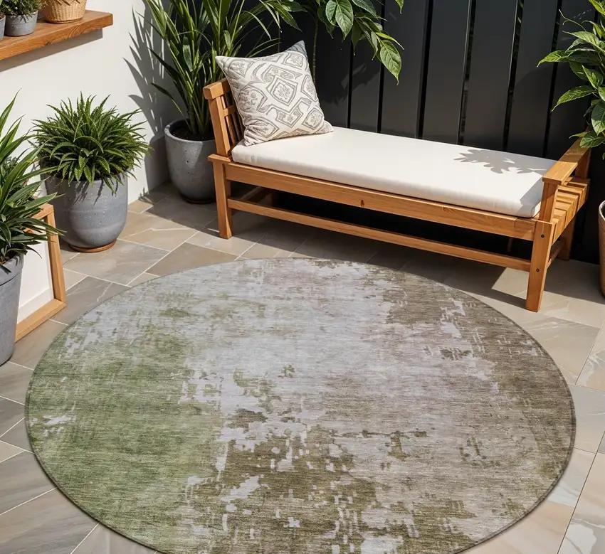 8' Brown And Green Round Abstract Washable Indoor Outdoor Area Rug Photo 1
