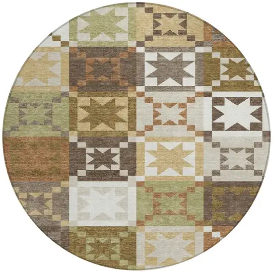 8' Brown And Green Round Patchwork Washable Indoor Outdoor Area Rug Photo 3