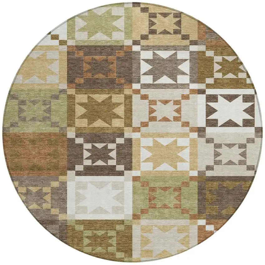 8' Brown And Green Round Patchwork Washable Indoor Outdoor Area Rug Photo 3
