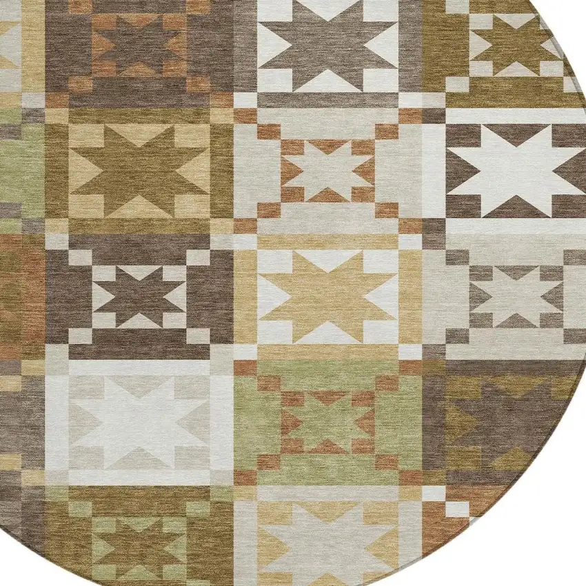 8' Brown And Green Round Patchwork Washable Indoor Outdoor Area Rug Photo 2