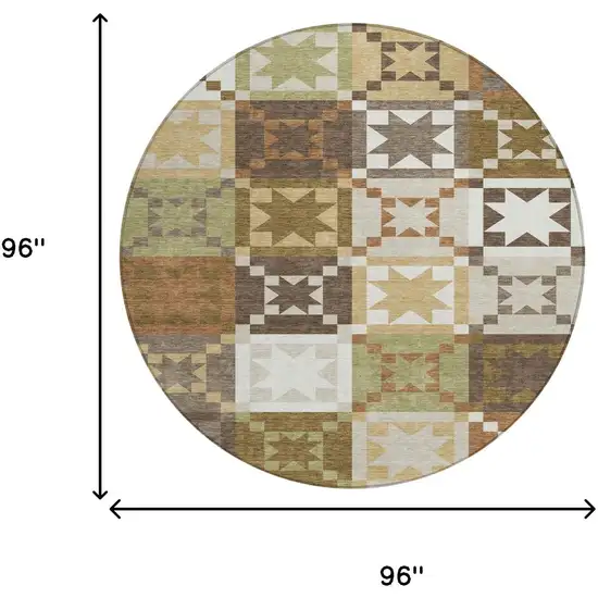 8' Brown And Green Round Patchwork Washable Indoor Outdoor Area Rug Photo 8