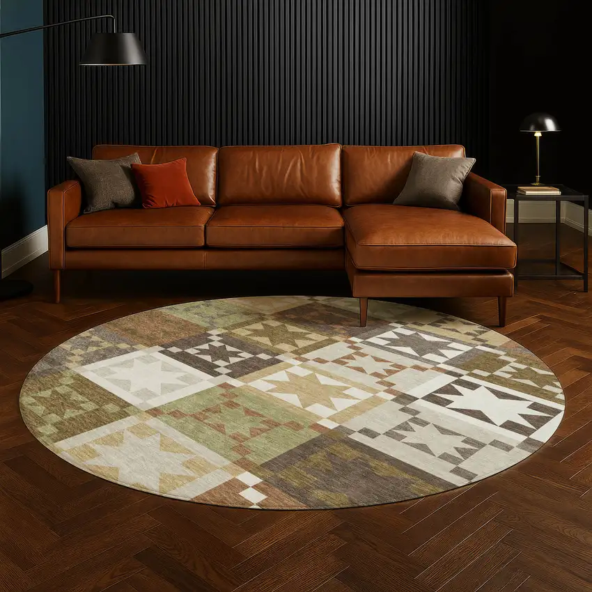 8' Brown And Green Round Patchwork Washable Indoor Outdoor Area Rug Photo 5