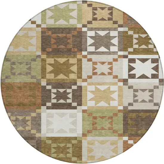 8' Brown And Green Round Patchwork Washable Indoor Outdoor Area Rug Photo 1