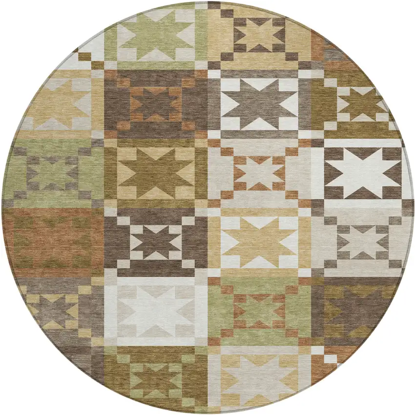 8' Brown And Green Round Patchwork Washable Indoor Outdoor Area Rug Photo 1