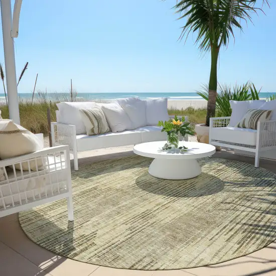8' Brown And Green Round Striped Washable Indoor Outdoor Area Rug Photo 6