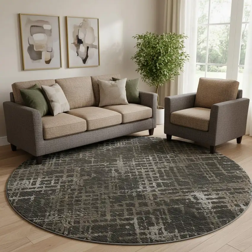 8' Brown And Ivory Abstract Geometric Washable Round Rug With UV Protection Photo 1