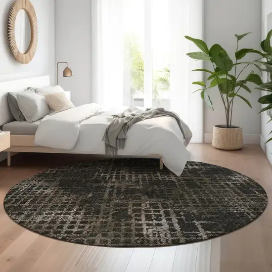 8' Brown And Ivory Abstract Geometric Washable Round Rug With UV Protection Photo 5