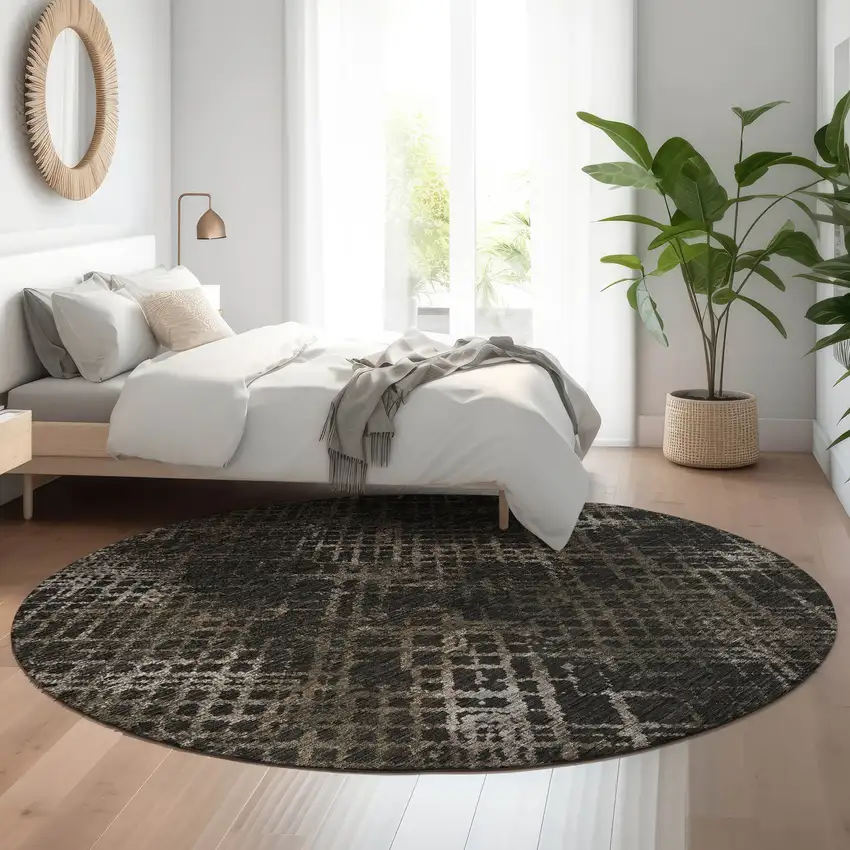 8' Brown And Ivory Abstract Geometric Washable Round Rug With UV Protection Photo 5