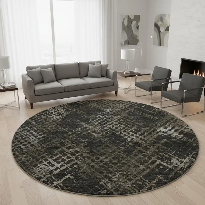 8' Brown And Ivory Abstract Geometric Washable Round Rug With UV Protection Photo 2