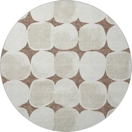 8' Brown And Ivory Abstract Geometric Washable Round Rug With UV Protection Photo 4