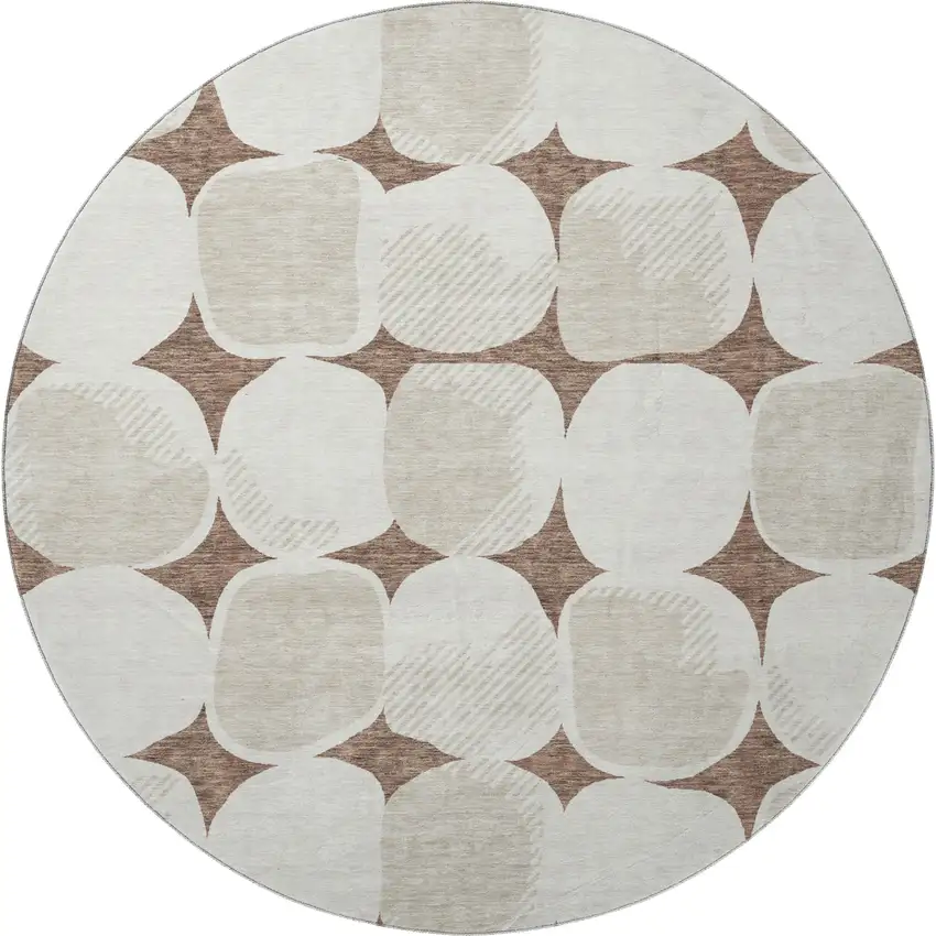 8' Brown And Ivory Abstract Geometric Washable Round Rug With UV Protection Photo 4