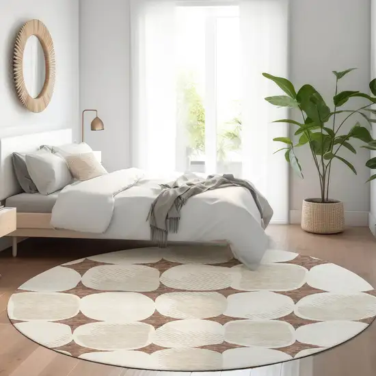 8' Brown And Ivory Abstract Geometric Washable Round Rug With UV Protection Photo 5