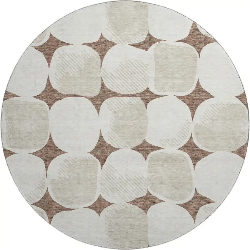 8' Brown And Ivory Abstract Geometric Washable Round Rug With UV Protection Photo 1