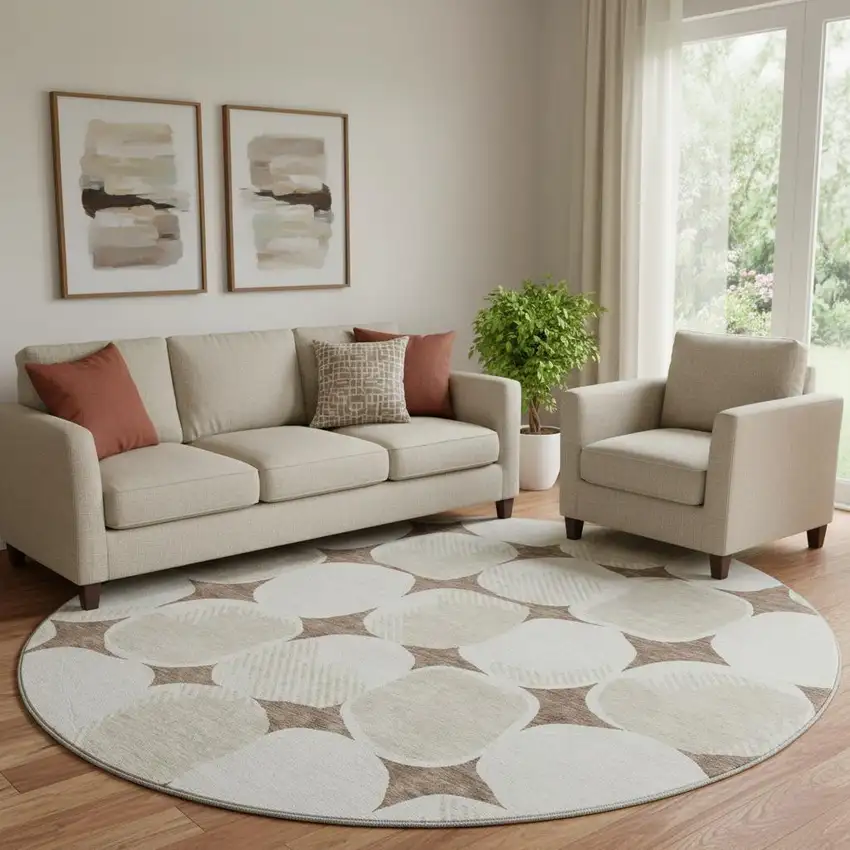 8' Brown And Ivory Abstract Geometric Washable Round Rug With UV Protection Photo 1