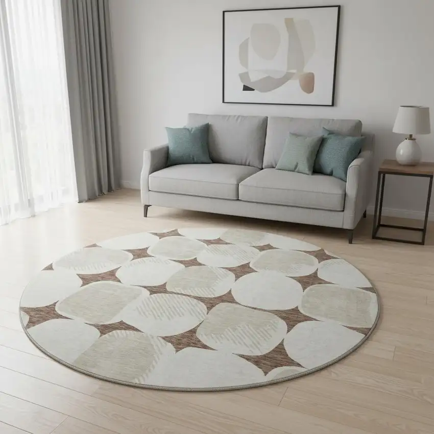 8' Brown And Ivory Abstract Geometric Washable Round Rug With UV Protection Photo 2