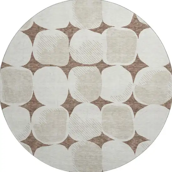 8' Brown And Ivory Abstract Geometric Washable Round Rug With UV Protection Photo 3