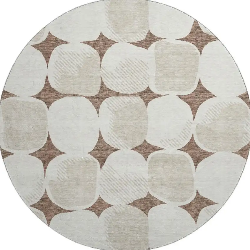 8' Brown And Ivory Abstract Geometric Washable Round Rug With UV Protection Photo 3