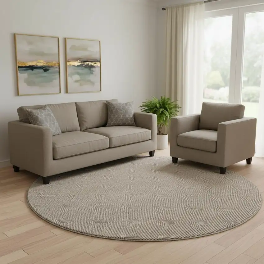 8' Brown And Ivory Abstract Geometric Washable Round Rug With UV Protection Photo 1