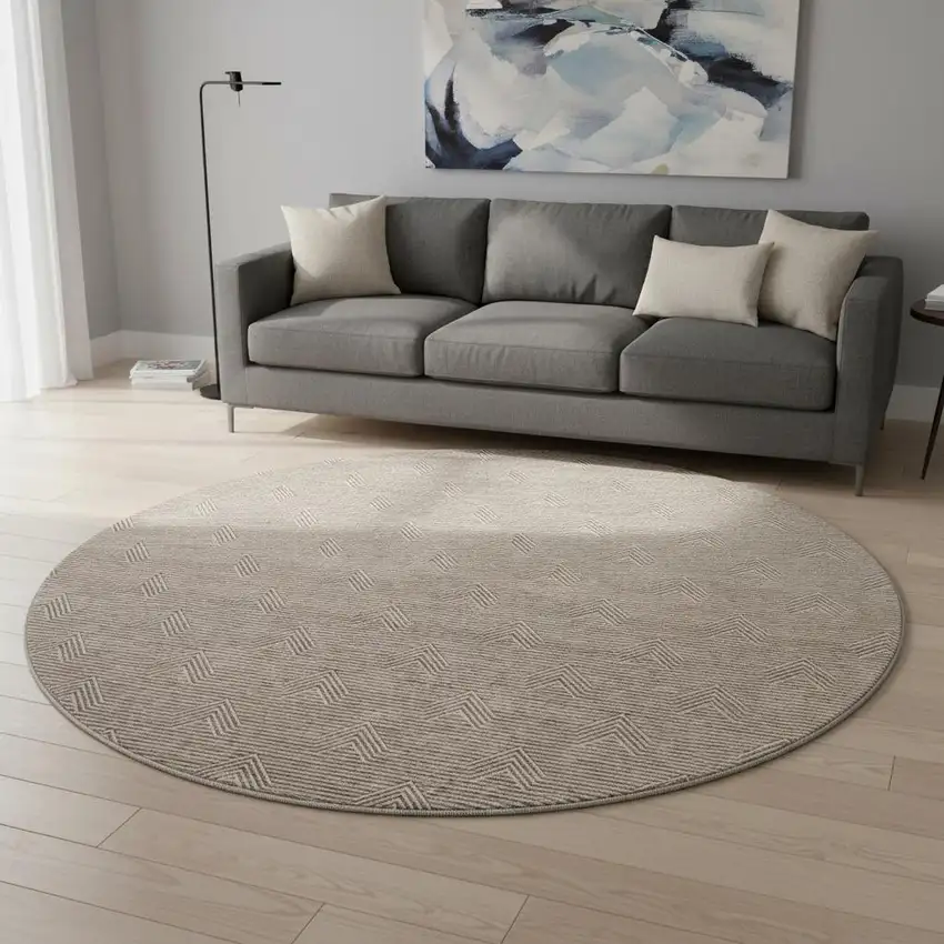 8' Brown And Ivory Abstract Geometric Washable Round Rug With UV Protection Photo 2