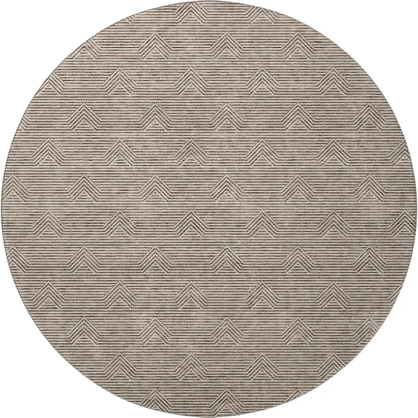 8' Brown And Ivory Abstract Geometric Washable Round Rug With UV Protection Photo 3